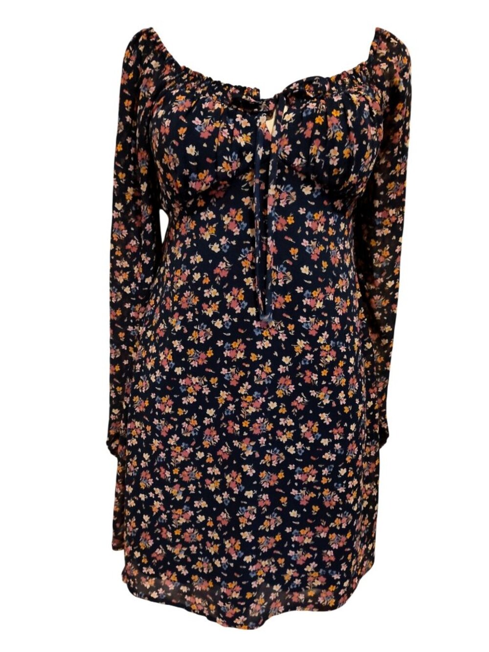 Lily Rose Floral Long-Sleeve Mini Dress With Tie Front - Navy Multicolor - Trend